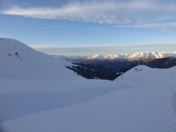 Abendstimmung über dem Schellenberg. Blick nach Norden zum Karwendel.