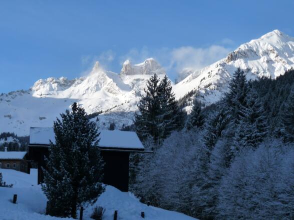Nach dem Steilaufschwung auf der Rodelbahn, erreichen wir die Almflächen der &quot;Vollspora&quot; mit dem Blick auf die grandiose Drusenfluh.