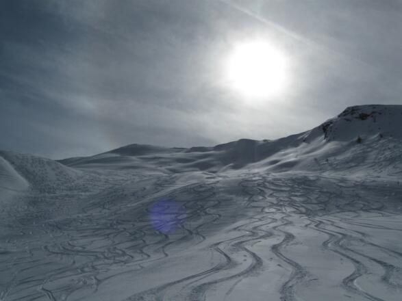 Herrliche nordseitige Abfahrt im weitläufigen Gelände.