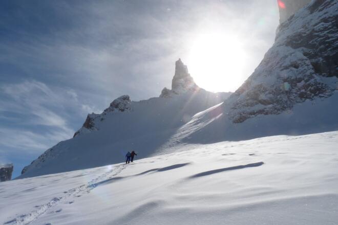 Unterhalb des Kl. Drusenturms werden die Hänge zusehends steiler und sollten nur bei sicheren Lawinenverhältnissen begangen werden.