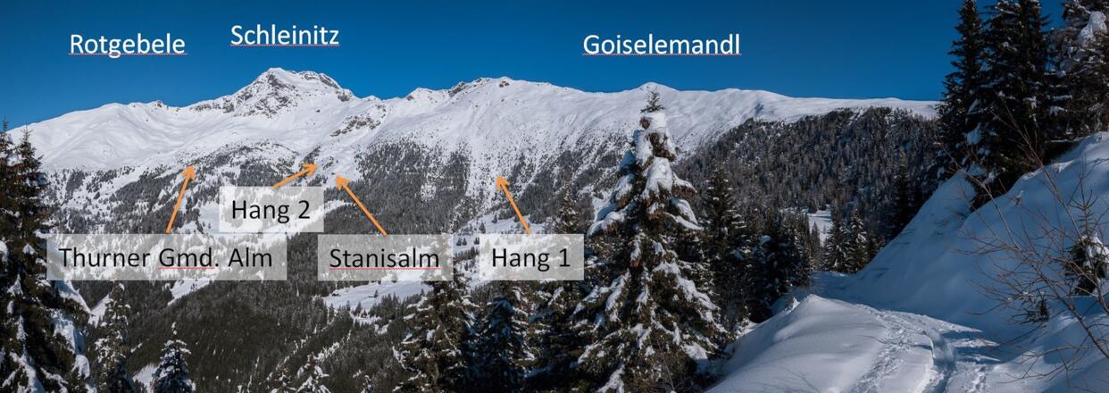 Blick in den Kessel unterhalb der Schleinitz mit den wesentlichen Punkten der Tour