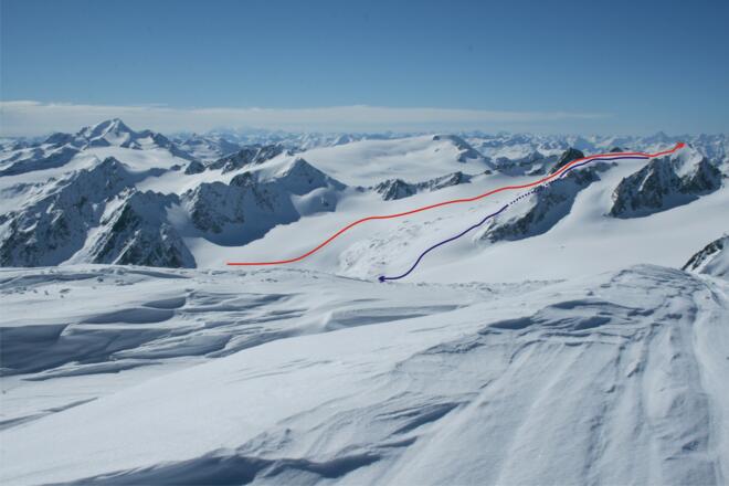 Blick vom Hinteren Brochkogel auf das gewaltige Einzugsgebiet der Hochvernagt Spitze.