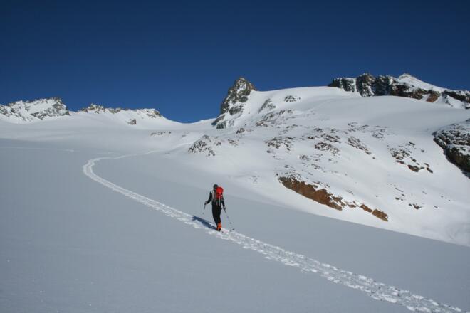In einem großen Rechtsbogen steuern wir die steilere Gletscherrampe an, die zum Gipfel führt. 