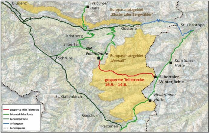 Die Teilstrecke vom Alpengasthaus Fellimännle bis Silbertaler Winterjöchle in der Gemeinde Silbertal führt durch das Europaschutzgebiet &quot;Verwall&quot; und ist von 16.09. bis 14.06. jeden Jahres für Mountainbiker gesperrt.