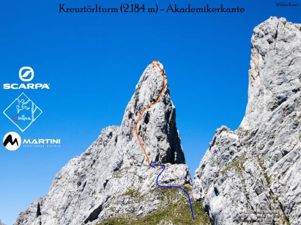 Kreuztörlturm, Akademikerkante - Übersichtsbild mit Route - Topo