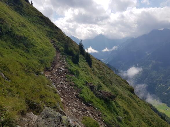 Seilversicherung (Vordergrund) und neu angegrabener Weg unterhalb des Krahbergzinken