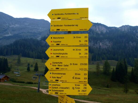 Schilderwald am Weg Standseilbahn-Frauenkarlift