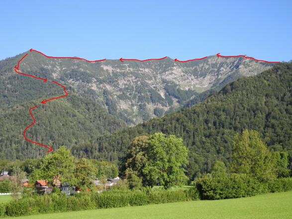 Unsere Rundtour - Der untere Aufstiegsteil ist vom Gspranggupf verdeckt.