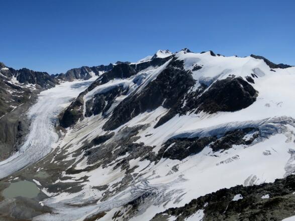 Blick nach Osten auf den Taschachferner, die Petersenspitze und die Taschachwand. Ganz hinten die Wildspitze 