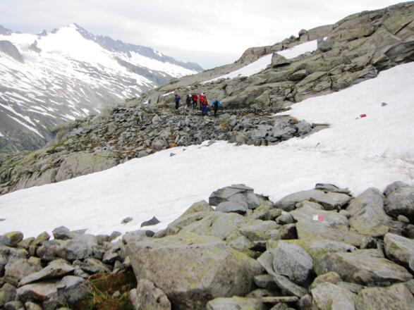 Die wenigen Schneefelder, die - je nach Witterungsverlauf - auf dem Weg bis zum Gletscher zu überqueren sind, sind unproblematisch. Hinten die Schlieferspitze (3289 m.