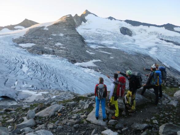 Suche nach dem besten Weg über den Gletscher. Beinahe der gesamte weitere Anstieg ist von hier sichtbar.