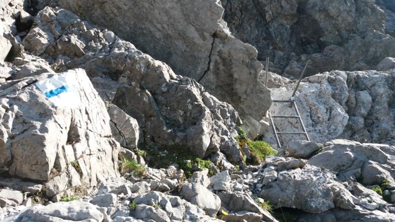 Eine kurze dreistufige Leiter hilft über die Felsplatte.