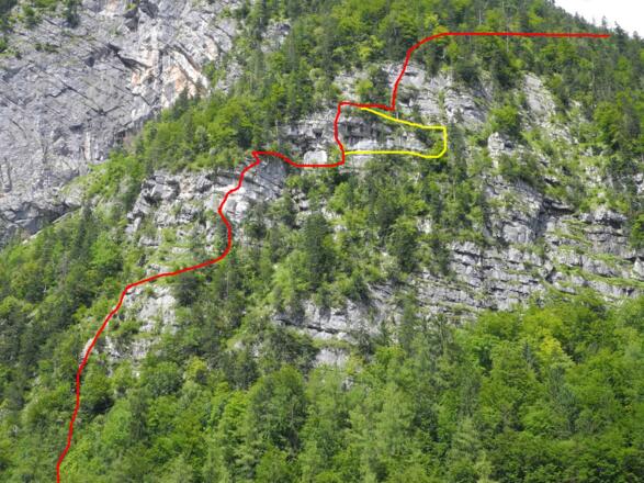 Rot: Echernwand Klettersteig - Gelb: Umgehungsvariante der schwersten Stelle
