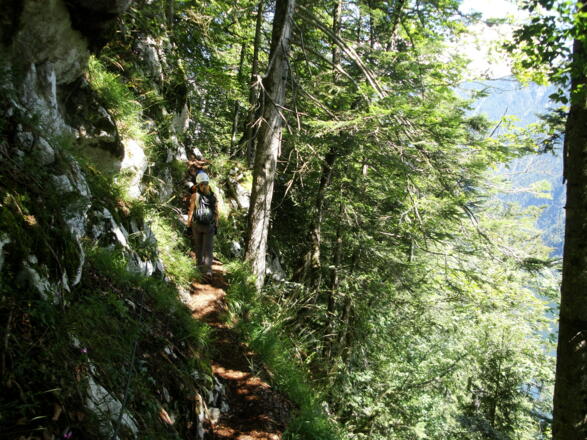 Waagrecht geht es im leichten Gelände (trotzdem aufpassen) zur Bergstation der Salzbergbahn.