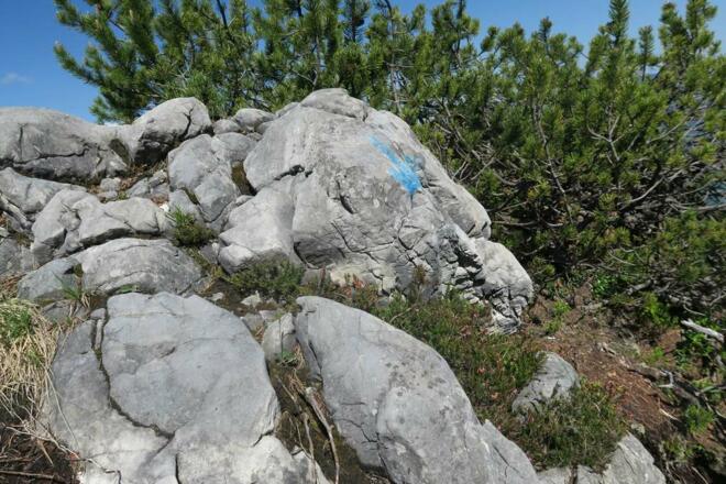 Ein blauer Pfeil, dass man nicht verleitet wird über den Felsen rüber zu klettern, das wäre fatal. So geht&#039;s rechts runter