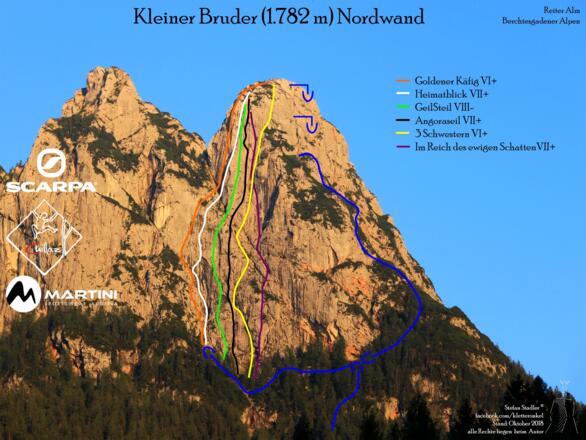 Übersichtsbild kleiner Bruder Nordwand - Topo Klettertouren Reiter Alm