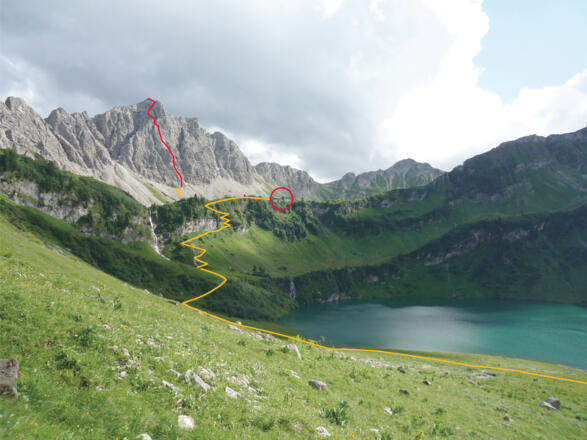 Blick vom Traualpsee auf den Klettersteig Lachenspitze Nordwand