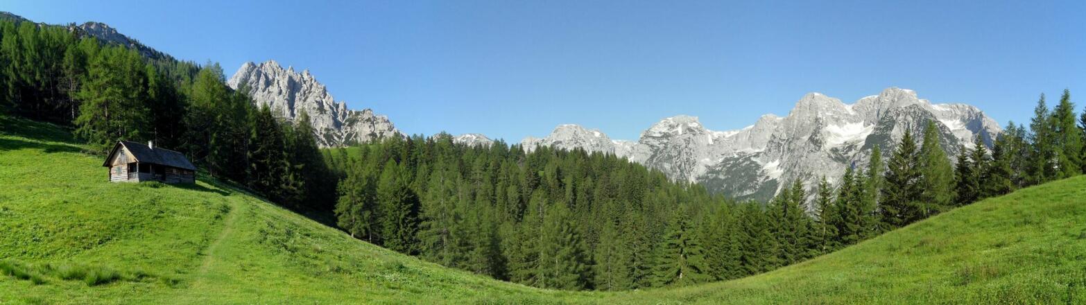 Panorama der Hochsteinalm am Dolomitensteig