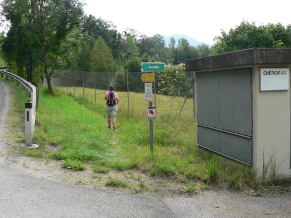 Hier zweigt der Steig nach rechts von der Straße ab