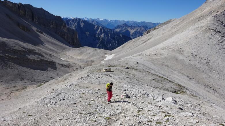 Vom Biwak knapp 100 Hm aufwärts zur Seekarscharte (2455 m).