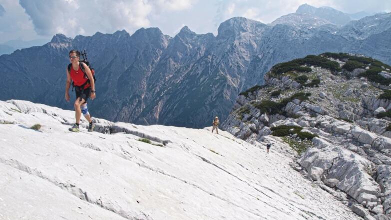 Traumhaftes Ambiente inmitten der gewaltigen Felsszenerie vom &quot;Neuner&quot; zum Zehnerkogel, im Hintergrund der Hetzaukamm (Fäustling, Pyramidenkogel, Scheren, Jakobinermütze, Westl. Hochplattenkogel)