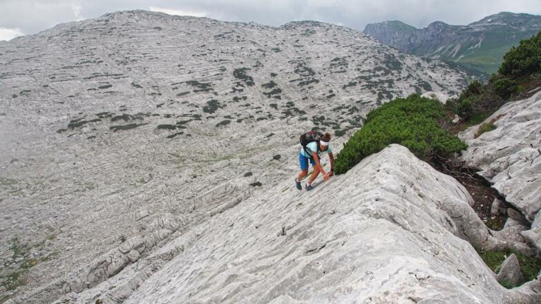 Alternativvariante über steiles Plattengelände hoch in Richtung Zwölferkogel, rechts im Hintergrund Salzofen und Scheiblingkogel