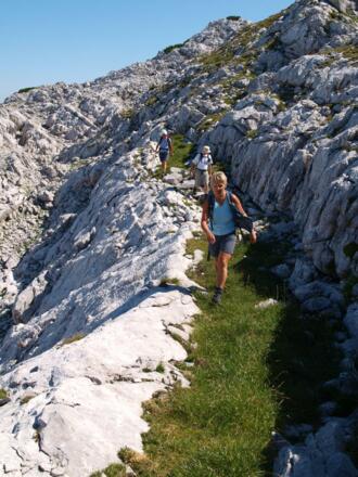 Über Grasterrassen und Blockgelände traversiert man vom Elferkogel in Richtung Süden zur mit Stangenmarkierung versehenen Winterroute