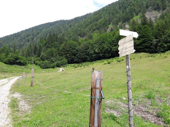 Schilderbaum mit der Abzweigung des Alternativweges über die Kreuzangeralm