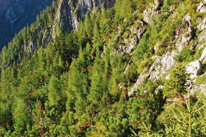 … wird auf ziemlich genau 1300 m der Durchstieg ins Finsterriegelkar angesteuert