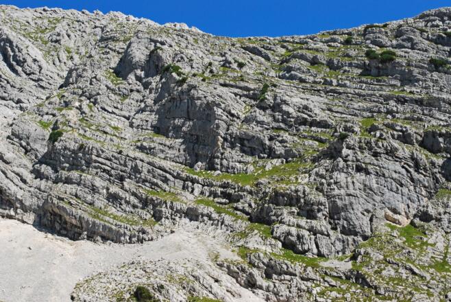 Die Aufstiegsroute auf den Hebenkas-Ostgrat …