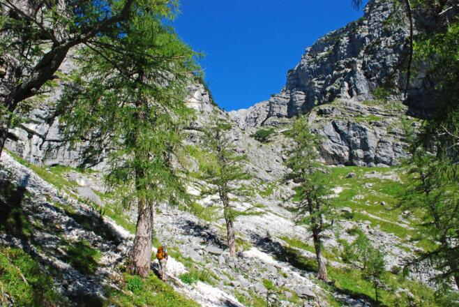 Der erste Blick auf die Talenge des „finsteren Riegels“ und das obere Finsterriegelkar