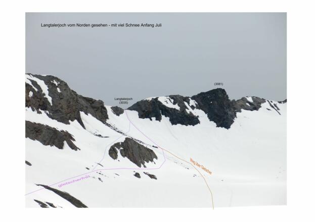Langtalerjoch von Norden mit viel Schnee (Anfang Juli 2014)