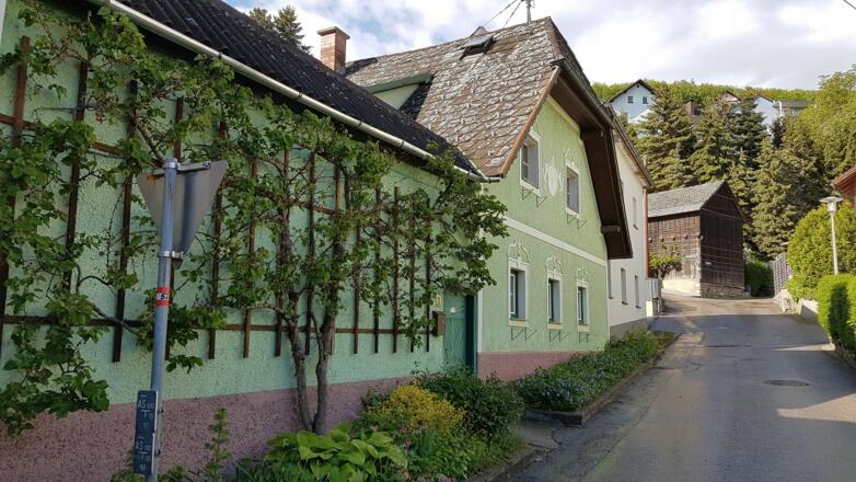 Bei diesem alten grünen Haus rechts rauf