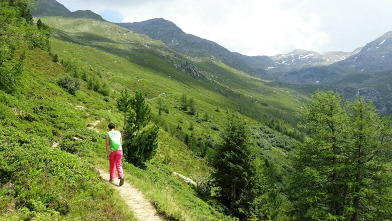 Blick in den Talschluss des Viggatals mit der Kreuzspitze (2746 m). Unterhalb die Seegrube mit den noch nicht sichtbaren Blauen Seen.